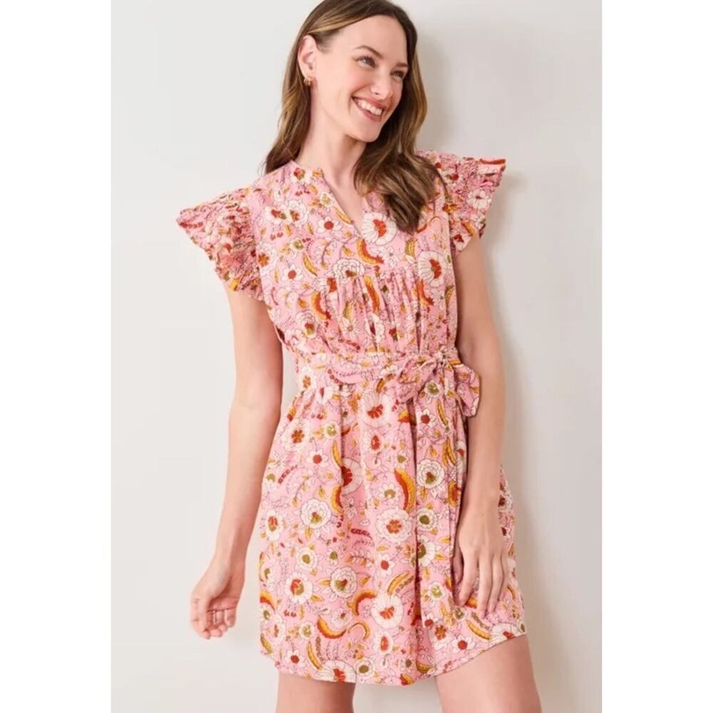 NWT Printfresh Organic Cotton Pink Floral Mini Dress Belted Boho XS